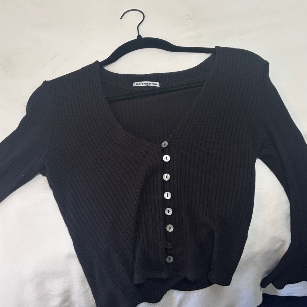Reformation Black Button-Up Ribbed Top